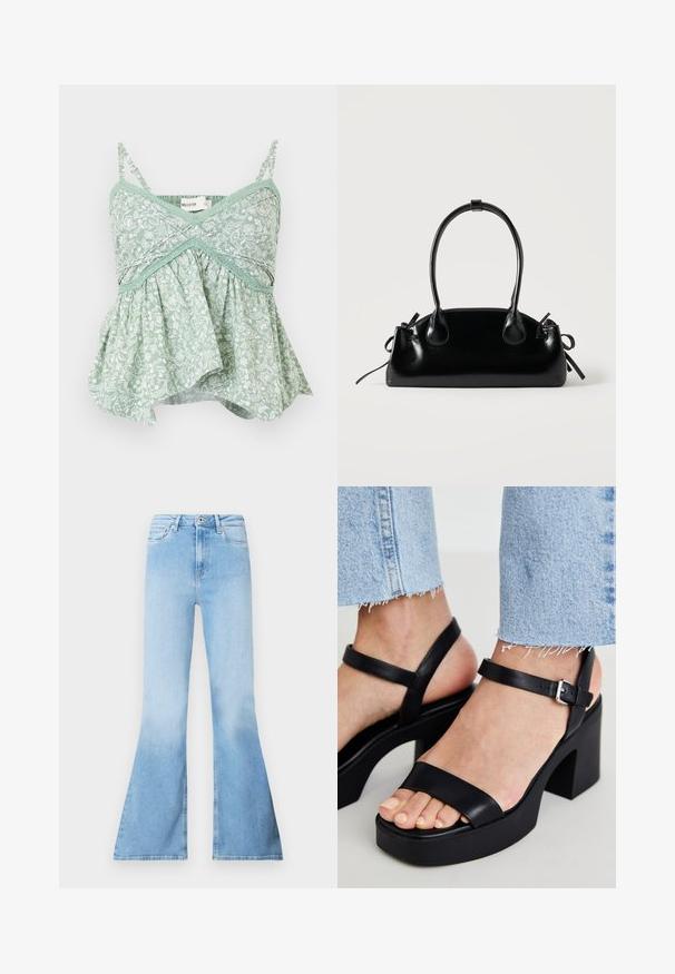 Myntr grøn blomstret camisole med tynde justerbare stropper, blondekant og en flagrende bunddesgn. Letvægts bomuldsmateriale.; Lyseblå vidde jeans lavet af denim med høj talje, der har forlommer og en falmet tekstur mod bunden af benene.; ALDO CELIE - Højhælede sandaletter / Højhælede sandaler - black; Lille sort blank håndtaske med to lange håndtag og snøre-detaljer i siden på en ensfarvet lys baggrund.
