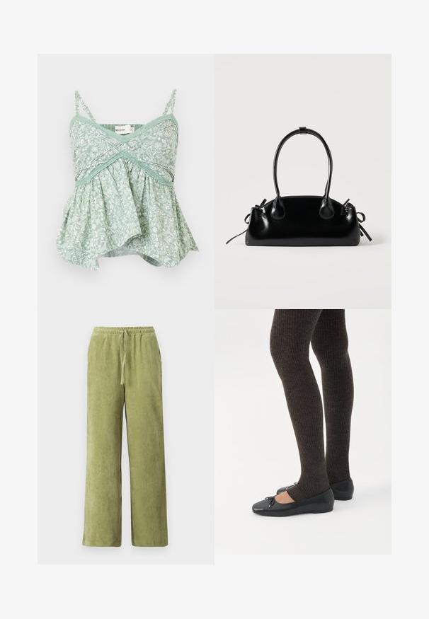 Myntr grøn blomstret camisole med tynde justerbare stropper, blondekant og en flagrende bunddesgn. Letvægts bomuldsmateriale.; Grønne fløjl bukser med vidde, elastisk talje og snøre detaljer. Lodrette ribber i stoffet skaber tekstur.; Ben iført mørke ribbede leggings kombineret med sorte balletsko med små sløjfedetaljer på hvid baggrund.; Lille sort blank håndtaske med to lange håndtag og snøre-detaljer i siden på en ensfarvet lys baggrund.