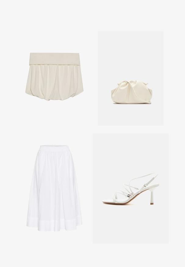 Jupe crème avec une large ceinture pliée et un tissu froncé formant une silhouette lâche en forme de ballon. Texture lisse et douce.; Jupe blanche mi-longue en tissu léger, dotée d'une taille élastique et d'un design fluide avec une texture subtile.; Sandale blanche à talons hauts avec fines brides, accents argentés, bout carré et talon fin de hauteur moyenne sur fond blanc uni.; Pochette en cuir souple couleur crème avec un design froncé et une fine bandoulière reposant à l’avant sur un fond uni.