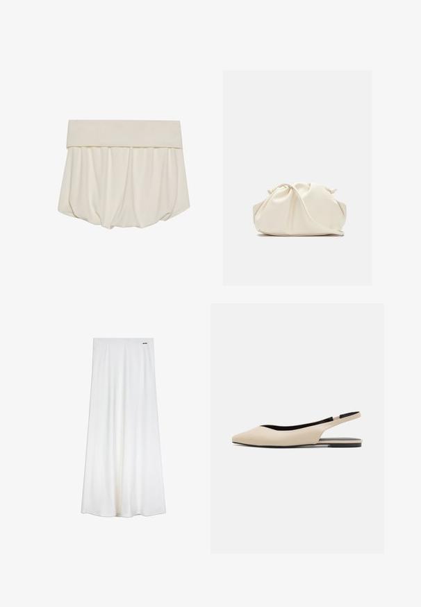 Jupe crème avec une large ceinture pliée et un tissu froncé formant une silhouette lâche en forme de ballon. Texture lisse et douce.; Jupe longue blanche en tissu lisse, présentant une silhouette droite et des plis subtils, avec un petit logo argenté près de la taille.; Ballerines à talon open-back en cuir beige avec un bout pointu, un design minimaliste, une texture lisse et une semelle noire basse.; Pochette en cuir souple couleur crème avec un design froncé et une fine bandoulière reposant à l’avant sur un fond uni.