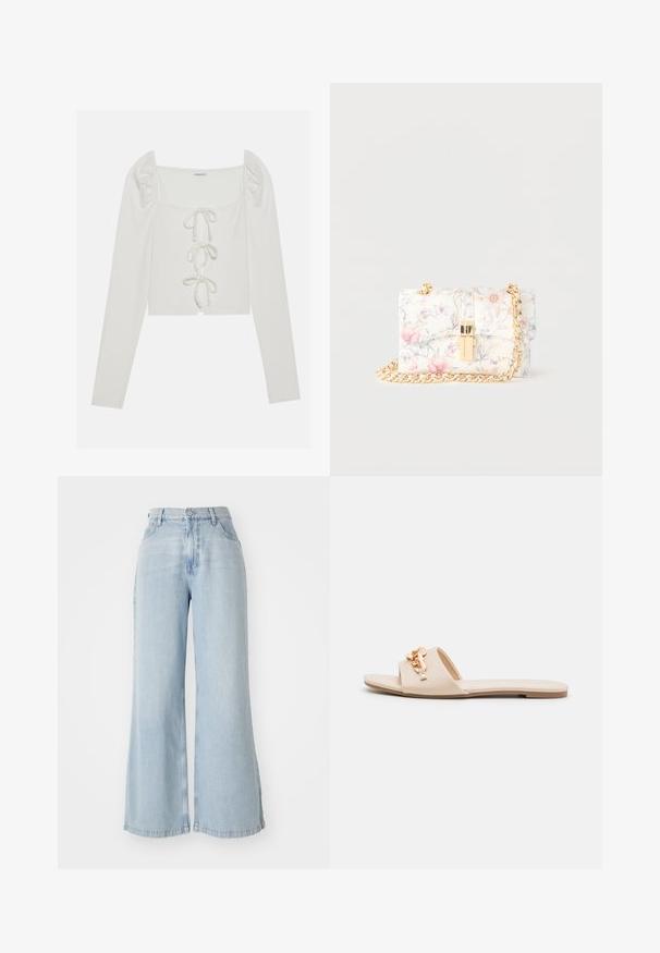 Hvid ribbet bluse med lange ærmer, der har firkantet halsudskæring, puffede ærmer og frontlacing med tynde bånd. Kort design.; Lyseblå vide jeans lavet af denim. Har høj talje, frontlukning med knap og to sidelommer. Slidt tekstur langs kanterne.; Beige slidesandaletter med åben tå, flad sål og dekorative metallkædeaccenter på stroppen. Glat materiale med minimal tekstur.; Lille hvid håndtaske med rosa og blå blomsterprint, guldlås og guldkæde som rem, mod en ensartet hvid baggrund.