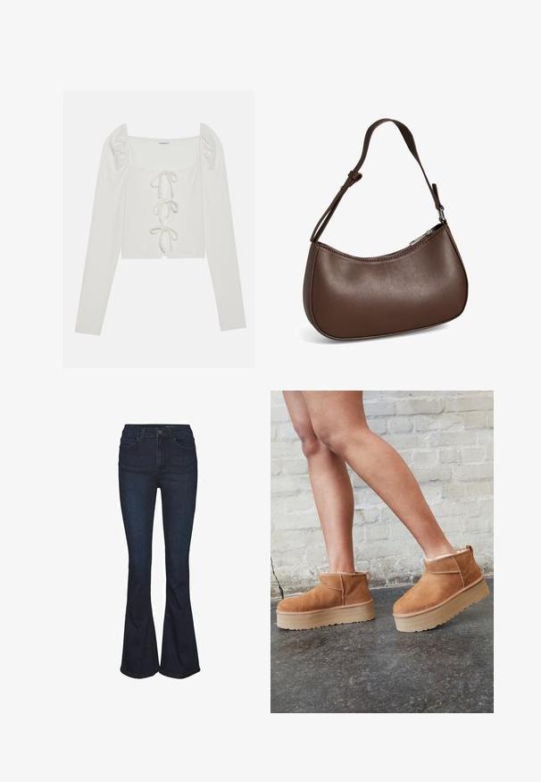 Hvid ribbet bluse med lange ærmer, der har firkantet halsudskæring, puffede ærmer og frontlacing med tynde bånd. Kort design.; Mørkeblå jeans i denim med vidde og højtaljet, der har fem lommer og diskrete syningdetaljer. Glat tekstur med et klassisk design.; Brune ruskinds ankelsko med en blød foring, tyk beige plattformsål og en bageste løkke. Tekstureret overflade med synlige sømdetaljer.; Lille brun skuldertaske i læder med justerbar rem og lynlåslukning, vist mod hvid baggrund. Ingen synligt branding eller dekorationer.