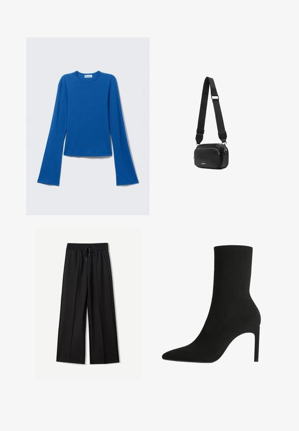 Blauwe top met lange mouwen gemaakt van gladde stof, met een ronde hals en uitlopende mouwen, een rechte zoom en een merkembleem bij de halslijn.; Zwarte wijde broek van zachte stof. Voorzien van een elastische tailleband met een trekkoord en twee zijzakken. Platte voorkant met plooien.; Zwarte enkelboot gemaakt van zachte suede, met een spitse neus en hoge stilettohak. Minimalistisch ontwerp zonder zichtbare hardware of patronen.; Zwarte crossbodytas met verstelbare brede riem, voorvak met rits en metalen ritssluitingen, voorzijde gebrandmerkt met "JENNY".