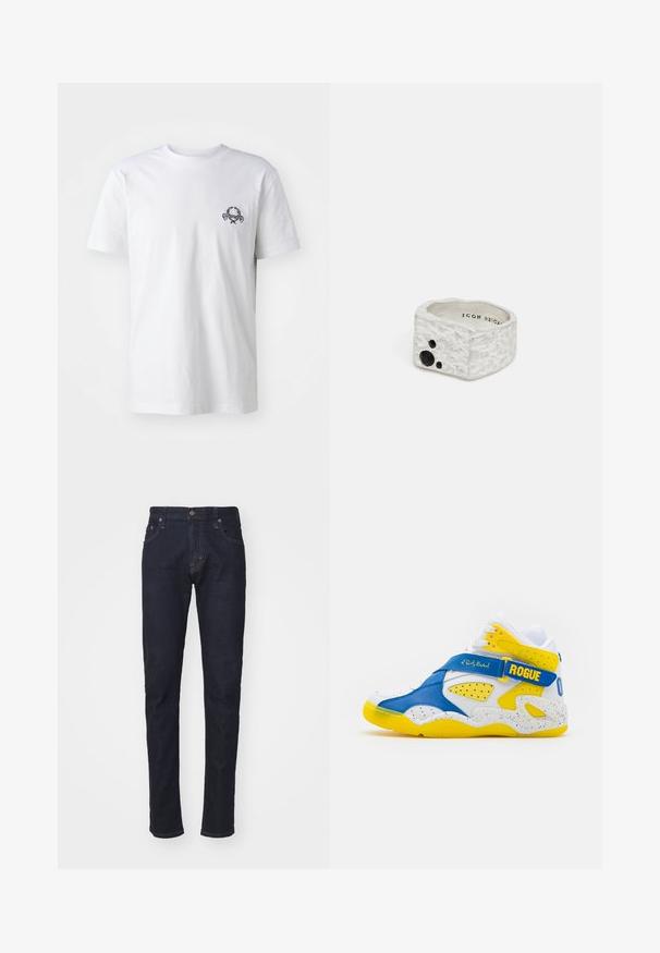 Weißes Baumwoll-T-Shirt mit einem kleinen, schwarzen gestickten Design auf der Brust; kurze Ärmel und klassischer Rundhalsausschnitt.; Dunkelblaue Denim-Jeans mit schlankem Schnitt, Fünf-Taschen-Design und Knopfverschluss. Verfügt über kontrastierende Nähte und eine gerade Beinform.; Patrick Ewing ROGUE X ODB - Sneaker high - white/royal/yellow; Silberner Texturring mit unregelmäßiger Form, ausgestattet mit einem schwarzen Edelstein-Akzent und eingraviertem Branding im Inneren.