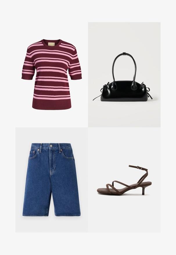 Haut en maille à manches courtes avec rayures horizontales roses et bordeaux et col rond.; Shorts en denim bleu foncé avec une coupe classique, design à cinq poches et surpiqûres orange. Finition avec un bouton frontal et une fermeture éclair.; Sandale marron à talons hauts avec fines lanières croisées et bride de cheville avec boucle argentée sur fond blanc.; Petit sac à main noir brillant avec deux longues anses et des détails à cordon sur les côtés sur un fond clair uni.