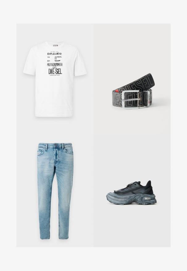 Weißes Diesel T-Shirt mit kurzen Ärmeln, schwarzem und weißem grafischem Text und Logo auf der Vorderseite, rundem Ausschnitt und rotem Logoschild an der Seitennaht.; Helle blaue Denim-Jeans im Slim-Fit mit Fronttaschen und Knopfverschluss. Der Stoff hat eine weiche, strukturierte Oberfläche.; Schwarz- und graue Diesel-Sneaker mit dicker Sohle, Schnürverschluss und strukturiertem Design auf einem schlichten hellgrauen Hintergrund.; Schwarzer Diesel-Gürtel mit großem weißen Logotext, rechteckiger silberner Schnalle und gebrandetem Metallschlaufen-Detail, aufgewickelt auf hellem Hintergrund.