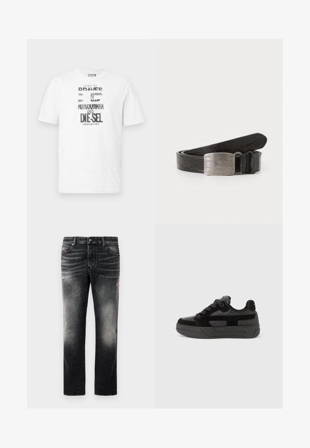 Camiseta blanca de manga corta Diesel con texto gráfico en blanco y negro y logo en la parte delantera, cuello redondo y etiqueta de logo roja en la costura lateral.; Jeans negros con acabado desgastado y toques rasgados, diseño estándar de cinco bolsillos y cierre con cremallera. Elaborados en tela de denim.; Zapatilla negra con una mezcla de materiales lisos y texturizados, que presenta una puntera redondeada, suela gruesa y cierre de cordones. Diseño minimalista con detalles.; Cinturón de cuero negro con un acabado texturizado, que presenta una hebilla rectangular de tono plateado con el nombre de la marca grabado. Bordes suaves, diseño clásico.
