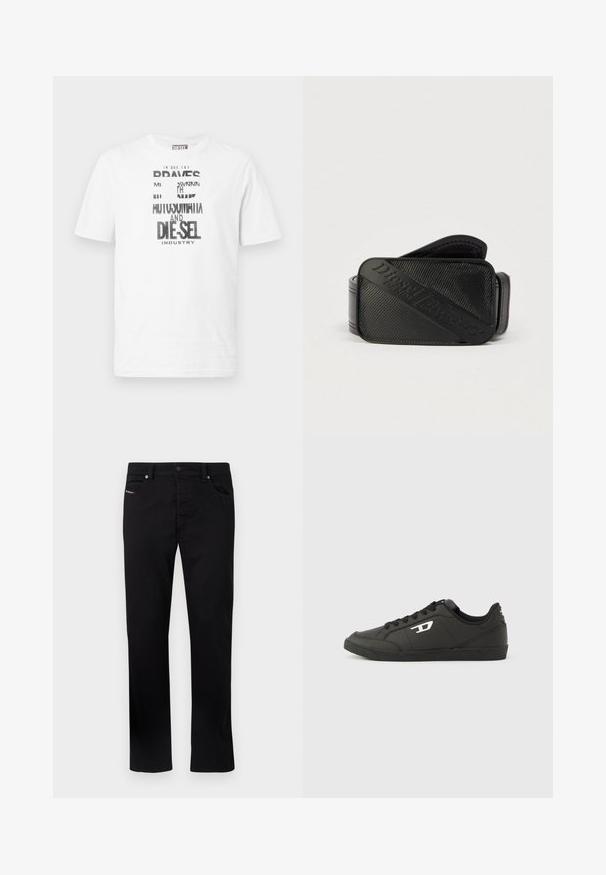 Weißes Diesel T-Shirt mit kurzen Ärmeln, schwarzem und weißem grafischem Text und Logo auf der Vorderseite, rundem Ausschnitt und rotem Logoschild an der Seitennaht.; Schwarze Jeans mit geradem Bein, fünf Taschen und Metallknopfverschluss. Mit dezenten Stickereidetails auf der vorderen Tasche.; Schwarze Sneakers aus synthetischem Material mit einer strukturierten schwarzen Sohle, rundem Zehenbereich und flachen schwarzen Schnürsenkeln. Auffälliges weißes Logo auf der Außenseite.; Schwarzer Gürtel mit strukturiertem Design und einem markanten, eingeprägten Logo. Das Material wirkt glatt mit einem lederähnlichen Finish.