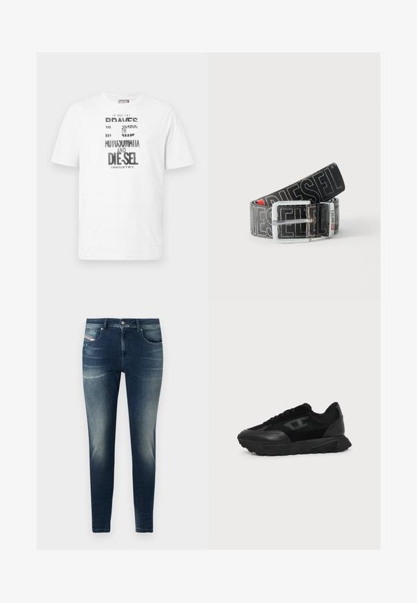 Weißes Diesel T-Shirt mit kurzen Ärmeln, schwarzem und weißem grafischem Text und Logo auf der Vorderseite, rundem Ausschnitt und rotem Logoschild an der Seitennaht.; Dunkelblaue Denim-Jeans mit Slim-Fit, ausgestattet mit einem ausgewaschenen Look, leichten Abschürfungen und klassischem Fünf-Taschen-Design.; Schwarzer Low-Top-Sneaker mit strukturierter Sohle, Mesh- und Lederoberseite, Schnürung vorne und kleinem eingeprägtem Logo auf dem Seitenpanel.; Schwarzer Diesel-Gürtel mit großem weißen Logotext, rechteckiger silberner Schnalle und gebrandetem Metallschlaufen-Detail, aufgewickelt auf hellem Hintergrund.