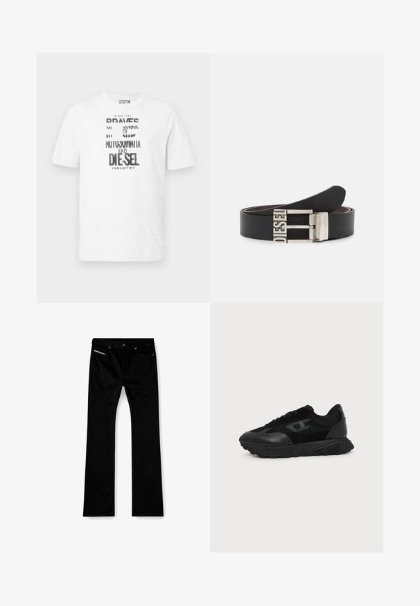 T-shirt Diesel blanc à manches courtes avec texte graphique noir et blanc et logo sur le devant, col rond et étiquette logo rouge sur la couture latérale.; Jeans noirs à jambe droite avec bouton et fermeture éclair à l'avant, poches avant et arrière, et une étiquette blanche visible dans la poche avant droite.; Baskets basses noires avec semelle texturée, dessus en mesh et cuir, fermeture à lacets devant, et petit logo embossé sur le panneau latéral.; Ceinture en cuir noir avec une boucle en métal argenté portant le texte en relief "DIESEL". Le design est épuré avec une texture lisse.