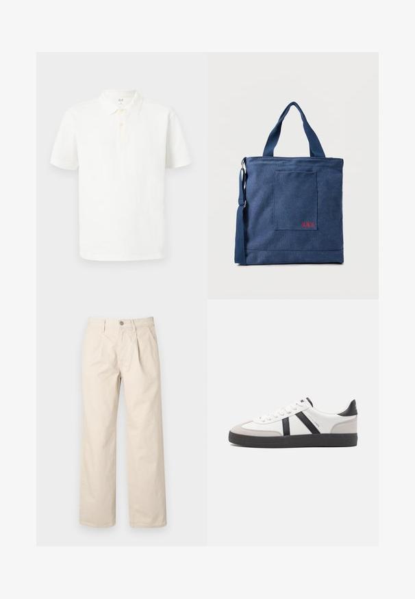 Witte poloshirt van katoen met een klassiek kraag, korte mouwen, een twee-knopen sluiting en subtiel gestructureerde stof.; Beige wijde broek met hoge taille, met voorplooien, een knoopsluiting aan de voorkant en een zachte katoen stof.; Witte sneaker met zwarte en grijze accenten, voorzien van een grijze neus met textuur, zwarte rubberen zool en platte witte veters. Schoon ontwerp, minimalistische stijl.; Blauwe canvas tas met voorvak en rode "O.N.S" borduring, voorzien van dubbele handvatten en een verstelbare schouderriem.