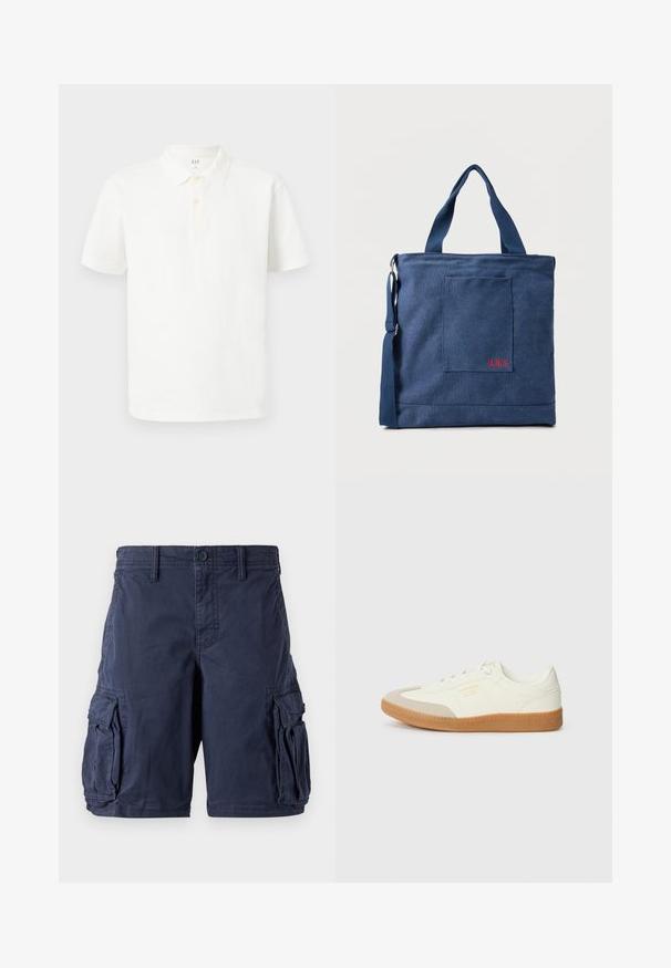 Hvid polo shirt lavet af bomuld med klassisk krave, korte ærmer, to-knap lukning og subtilt tekstureret stof.; Mørkeblå cargo shorts lavet af bomuld. Har flere sidelommer, knappelukning og en afslappet pasform. Glat tekstur og holdbart design.; Sneaker lavet af hvid læder med en beige tåhætte og let brunt gummisål. Har flade hvide snørebånd og prægede branding på siden.; Blå lærredstote taske med frontlomme og rød "O.N.S" broderi, med to håndtag og en justerbar skulderrem.