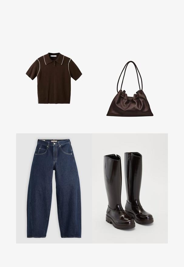 Polo marron à manches courtes avec des bordures blanches le long du col et des coutures des épaules, doté de deux boutons sur la patte de boutonnage.; Jean en denim bleu foncé, à coupe ample, avec des coutures claires, cinq poches et un bouton de fermeture à la taille.; Bottes noires brillantes jusqu'aux genoux avec semelles épaisses et fermeture éclair sur le côté, sur un fond blanc uni.; Sac à main en cuir brun foncé souple avec une forme flasque et deux fines bretelles sur fond blanc.