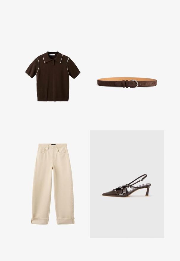 Brun kortærmet poloshirt med hvide kantninger langs kraven og skuldersømmene, med to knapper på stolpen.; Beige høj talje, vidde bukser med forlommer, bæltestropper, knaplukning og opkrogede opslag.; Brune patenteret læder slingback hæl med spids tå, justerbare stropper og dekorative spænder foran. 3-tommers hælhøjde.; Brun suedebælte med en sølvmetal spænde, der har flere huller til justering og en glat læderforing.