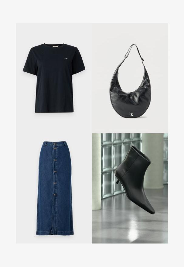 Schwarzes Baumwoll-T-Shirt mit kurzen Ärmeln, Rundhals-Ausschnitt und kleinem, auf der linken Brust gesticktem Logo. Klassischer, lässiger Schnitt.; Dunkelblaue Denim-Maxiröcke mit einer Knopfleiste vorne und seitlichen Schlitzen, gerader Silhouette und gesticktem Saum.; Schwarzer Leder-Stiefelette mit spitzer Zehenpartie und niedrigem Kitten-Heel, schräg dargestellt vor einem polierten Boden und einer Glasbausteinwand.; Schwarze, halbmondförmige Lederschultertasche mit verstellbarem Riemen und silbernem "cK"-Logo auf der Vorderseite, vor weißem Hintergrund.