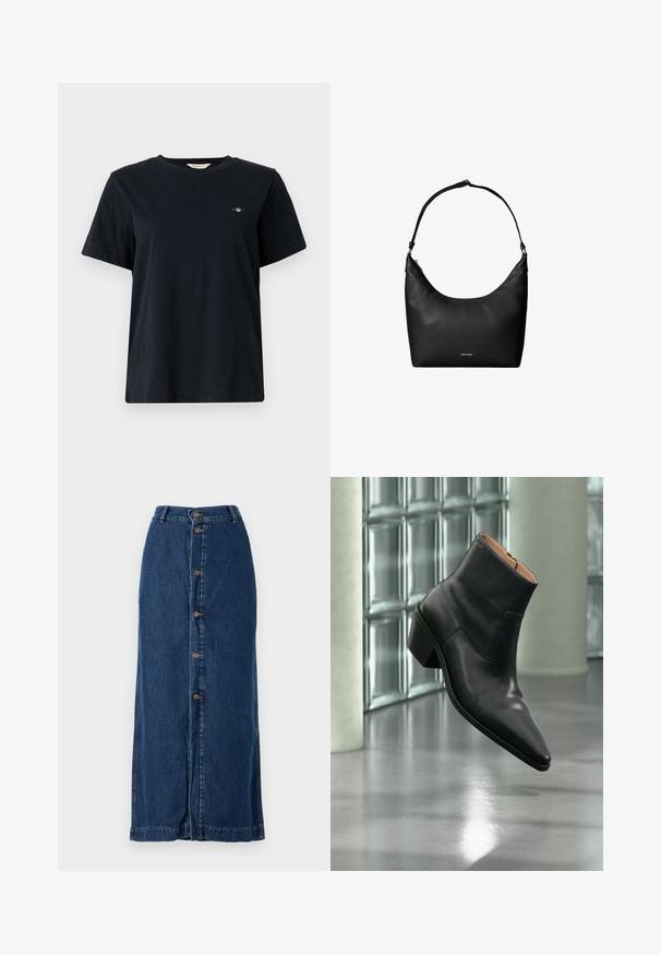 Sort bomulds T-shirt med korte ærmer, rund halsudskæring og en lille logo-detalje broderet på venstre bryst. Klassisk, afslappet pasform.; Mørkeblå denim-maxiskørt med knaplukning foran og sideslids, med en lige silhuet og syet kant.; Sort læderankelstøvle med spids tå og blokhæl, der svæver over en reflekterende grå gulv nær en væg af glasblokke.; Sort tekstureret læder skuldertaske med en enkelt rem og et lille Calvin Klein-logo foran i midten.