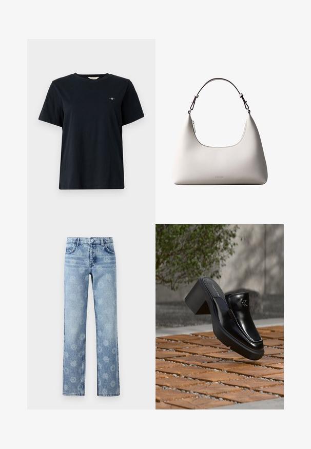 Zwart katoenen t-shirt met korte mouwen, ronde hals en een klein logo detail geborduurd op de linkerborst. Klassieke, ontspannen pasvorm.; Lichtblauwe denim jeans met een licht vervaagde afwerking, voorzien van een bloemenpatroon, vijf zakken en een recht gesneden pijp.; Zwarte leren Calvin Klein slip-on mule met blokhak rustend op houten tegels buiten, vlak bij een groene plant en een grijze muur.; Romige Calvin Klein leren schoudertas met gebogen bovenrand, zilveren rits en donkerbruine verstelbare riem.