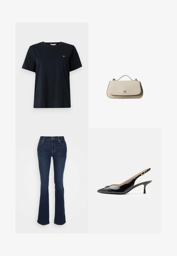 T-shirt noir en coton à manches courtes, col rond, avec un petit logo brodé sur la poitrine gauche. Coupe classique et décontractée.; Jean évasé bleu foncé en denim ; taille haute, cinq poches, accents en métal doré et texture lisse avec un léger dégradé au niveau des cuisses.; Escarpin slingback en cuir verni noir avec bout pointu, petit talon kitten et bride à boucle argentée sur fond blanc uni.; Petit sac à main en cuir beige avec poignée supérieure et logo CK argenté sur le rabat avant, présenté sur fond blanc.