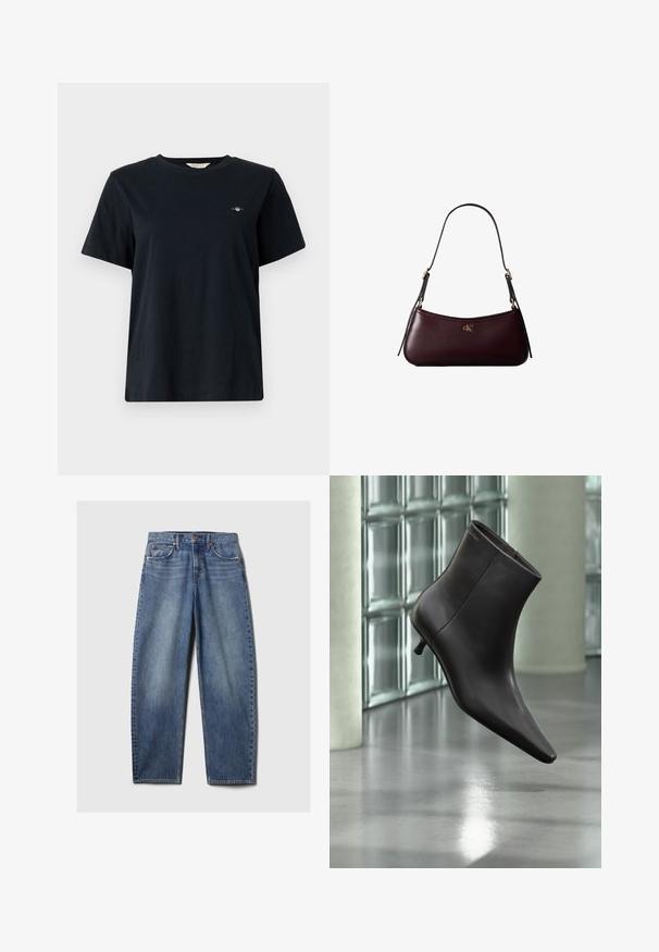 Sort bomulds T-shirt med korte ærmer, rund halsudskæring og en lille logo-detalje broderet på venstre bryst. Klassisk, afslappet pasform.; Blå denim jeans med en afslappet pasform, der har fem lommer, kobbernitter og en fadet vask. Lige ben med en ren kant.; Sort læderankelstøvle med spids tå og lille hæl vist mod en væg af glasblokke og poleret gulv baggrund.; Mørk bordeaux læderhåndtaske med en tynd sort skulderrem og lille gyldent "cK" logo foran i midten.