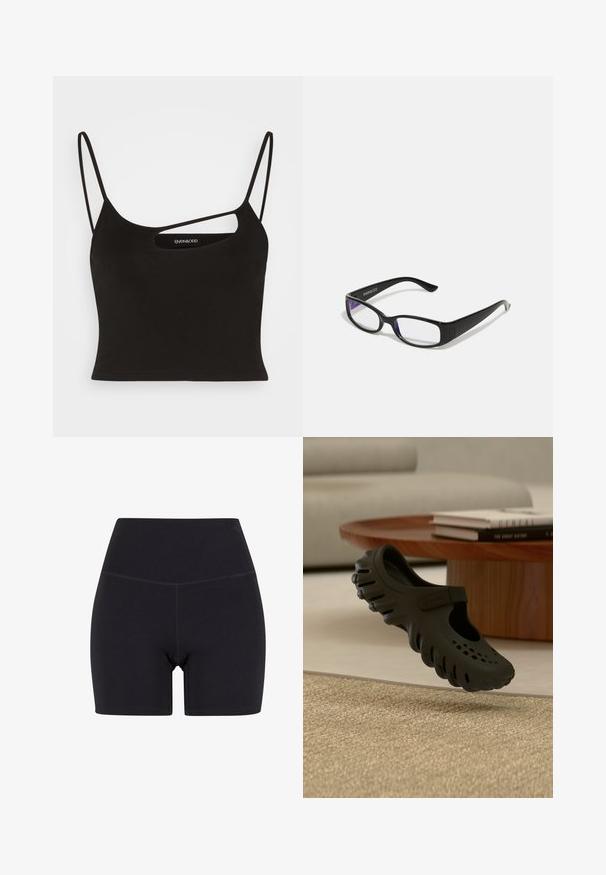Even&Odd Top - black; Zwarte high-waisted shorts gemaakt van rekbaar materiaal. Voorzien van een elastische tailleband, een gladde textuur en een lengte tot halverwege de dij met een naadloos ontwerp.; Zwarte Crocs klomp met ventilatiegaten en bandje die boven een beige geweven vloerkleed zweeft, met op de achtergrond een houten salontafel met boeken en een beige bank.; Zwarte rechthoekige bril met heldere glazen. Glanzende afwerking, smalle veren en paarse tint zichtbaar aan de randen van de glazen.