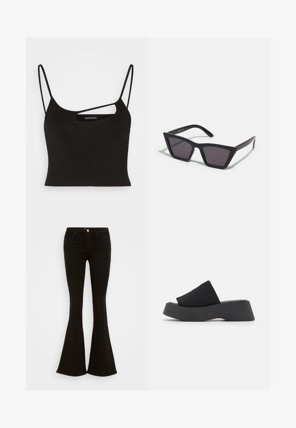 Even&Odd by Zalando Μπλούζα - black; Μαύρα ψηλοκάβαλα φαρδιά τζιν παντελόνια με μπροστινό κουμπί, βρόχους ζώνης και πέντε τσέπες, τοποθετημένα σε λευκό φόντο.; Call it Spring VENISE B.E.D FOAM - Μιουλ με τακούνι - black; Μαύρα, γωνιώδη γυαλιά ηλίου με γκρι φακούς; κατασκευασμένα από πλαστικό, με χοντρές βραχίονες με λεία επιφάνεια και χωρίς ορατό μηχανισμό.