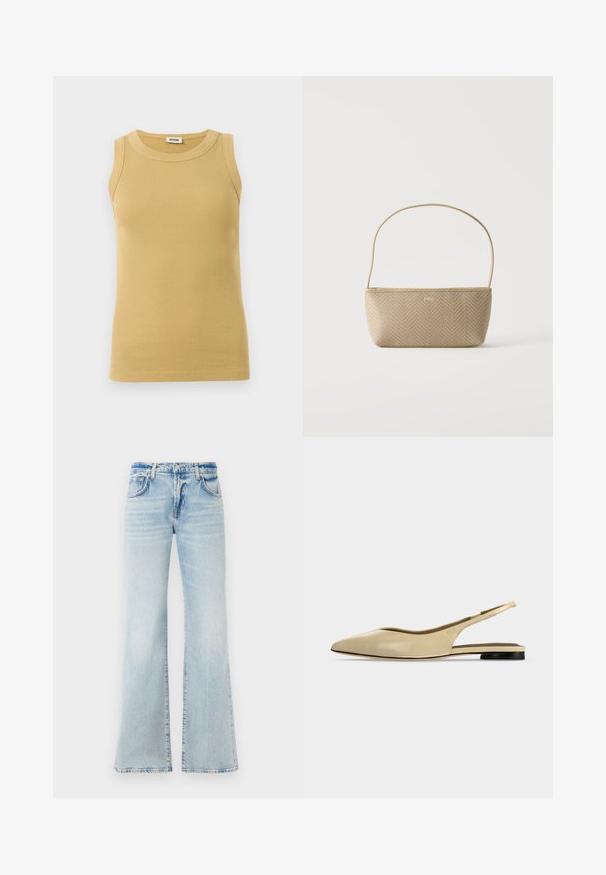 Ärmelloses, geripptes Tanktop in Beige mit rundem Ausschnitt, hergestellt von Drykorn, präsentiert vor weißem Hintergrund.; Hellblaue, ausgestellte Jeans aus Denim mit weicher Textur, fünf Taschen und Knopfverschluss. Mit Verblassungen für einen getragenen Effekt.; Beiger Slingback-Ballerina mit spitzer Kappe, niedrigem schwarzem Absatz und glattem Lederfinish, seitlich auf einfarbigem Hintergrund gezeigt.; Beige gewebte Handtasche mit dünnem Schulterriemen und kleinem goldenen "BOSS" Logo vorne, vor weißem Hintergrund präsentiert.