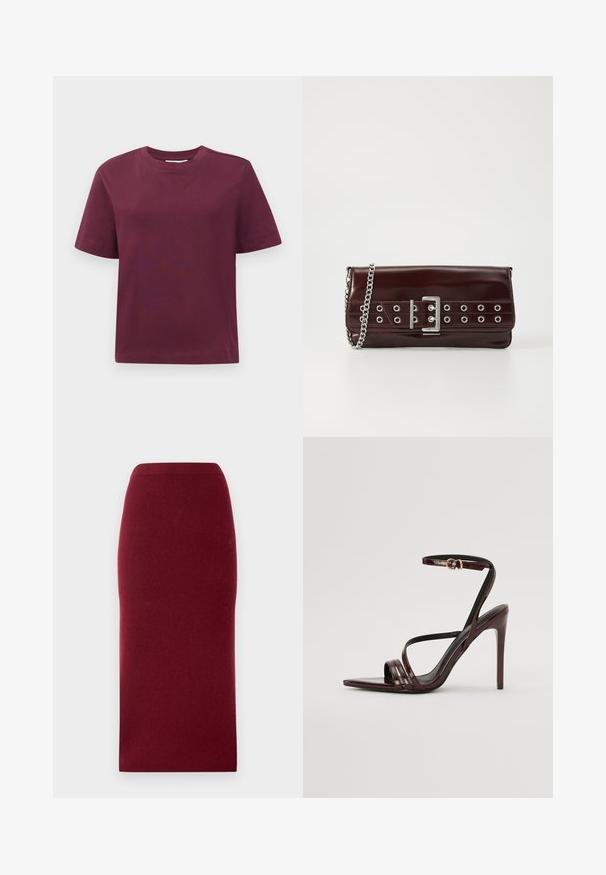Effen donkerrode t-shirt met korte mouwen en ronde hals, weergegeven tegen een witte achtergrond.; Bordeaux gebreide midi-rok met een aansluitende silhouette, gladde textuur en een tailleband. Geen zichtbare naden of patronen. Effen kleur door het hele stuk.; Bordeaux gepatineerde leren hoge hakken sandaal met een enkelbandje, puntige neus en drie horizontale banden over de voet. Details met gouden gesp.; Bordeaux faux leren clutch met een zilveren kettinghengsel, voorzien van een gespontwerp en metalen ogen over de voorkant voor extra detail.