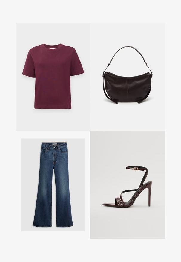 T-shirt à manches courtes et col rond, uni rouge foncé, présenté sur un fond blanc.; Jean large en denim bleu foncé, avec une taille haute, un design à cinq poches et des coutures contrastantes le long des coutures et de la ceinture.; Sandale à talons hauts en cuir verni bourgogne avec une bride de cheville, bout pointu et trois bandes horizontales sur le pied. Détail de boucle dorée.; Sac à épaule en cuir marron foncé avec une forme courbe, texture lisse et une seule sangle réglable. Doté d'une fermeture éclair.