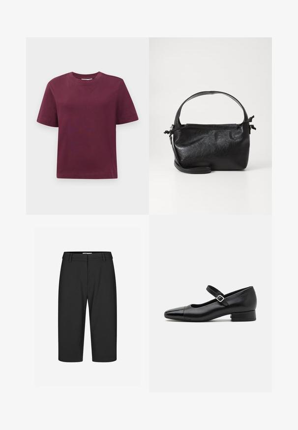 T-shirt à manches courtes et col rond, uni rouge foncé, présenté sur un fond blanc.; Bermudas noires ajustées, tissu lisse, taille mi-haute, pli simple à l'avant, sans poches visibles, ourlet en bas, design structuré.; Chaussures Mary Jane en cuir noir avec un embout en vernis, une sangle cheville réglable et un petit talon carré. Texture lisse et design élégant.; Sac à main en cuir noir au design structuré, avec une poignée arrondie et une bandoulière amovible. Présente une texture lisse et un éclat subtil.