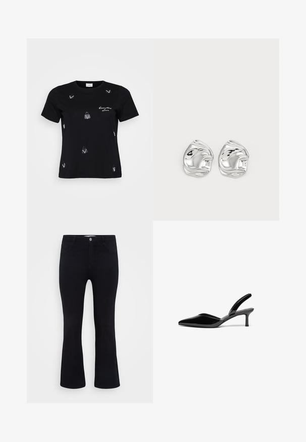Sort bomulds T-shirt med korte ærmer, prydet med spredte hvide håndtaskemotiver og et skriftligt design, der siger "Essential Love."; ONLY Carmakoma Flared fit CARTHUNDER Mid waist - Flared jeans - black denim; Sorte patentlæder slingback hæle med spids tå, lav stiletto hæl og et elegant, enkelt design uden pynt.; Sølv abstrakte stud øreringe med en poleret finish, der har glatte kurver og subtile konturer. Ingen synlige mønstre eller accenter.