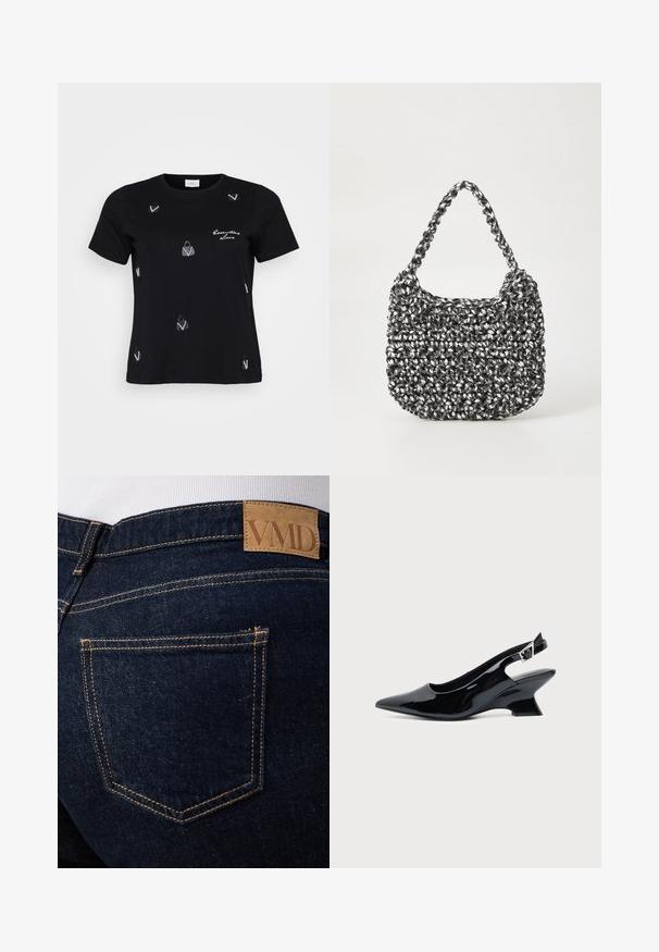 Sort bomulds T-shirt med korte ærmer, prydet med spredte hvide håndtaskemotiver og et skriftligt design, der siger "Essential Love."; Mørkeblå denimjeans med synlige orange syninger og en brun læderlap med mærket "VMD" over den bageste højre lomme.; Sort laklæder slingback sko med spids tå og lav vinklet blokhæl på ensartet lys baggrund.; Vævet håndtaske i sort og hvid med en rund form, tekstureret overflade og et fletet håndtag. Velegnet til afslappet brug.