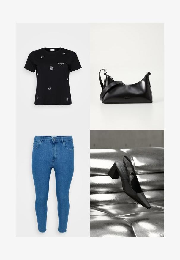 Sort bomulds T-shirt med korte ærmer, prydet med spredte hvide håndtaskemotiver og et skriftligt design, der siger "Essential Love."; Smal blå denimjeans med høj talje, fem-lommer-design og rå kant. Materialet ser glat ud med let falmning på lårene.; Sort slingback-hæl med spids tå, der har en tekstureret overflade og en chunky blokhæl. Lagt mod en skinnende, metallisk baggrund.; Sort læderhåndtaske med en glat tekstur. Har en justerbar stropp og et enkelt, minimalistisk design med lynlås.