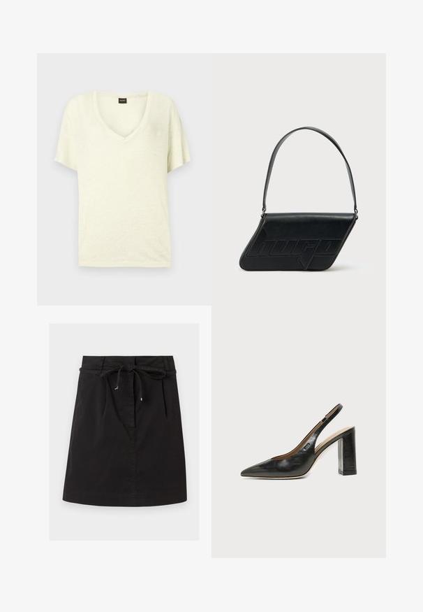 T-shirt crème à manches courtes avec col en V et petite étiquette noire avec texte rouge au niveau du col.; Jupe noire longueur genou avec une taille nouée et de subtils plis sur le devant, confectionnée dans un tissu lisse.; Chaussure slingback en cuir noir à bout pointu avec un talon bloc haut et une doublure intérieure beige sur un fond clair uni.; Sac d'épaule en cuir noir de forme triangulaire, avec un logo embossé et une seule bandoulière réglable. Design minimaliste avec une texture lisse.