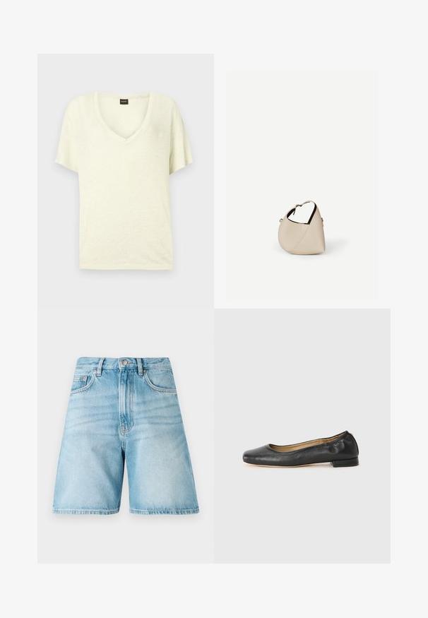T-shirt crème à manches courtes avec col en V et petite étiquette noire avec texte rouge au niveau du col.; Shorts en denim bleu clair avec une coupe décontractée, comportant cinq poches, des passants de ceinture et une texture délavée. L'ourlet est droit et cousu.; Ballerines en cuir noir avec un bout arrondi et des coutures minimales. Talon bas et rectangulaire avec une texture lisse. Détails subtils de doublure intérieure.; Sac à main en cuir beige en forme de croissant avec une seule bandoulière et des coutures minimalistes, posé sur un fond blanc uni.