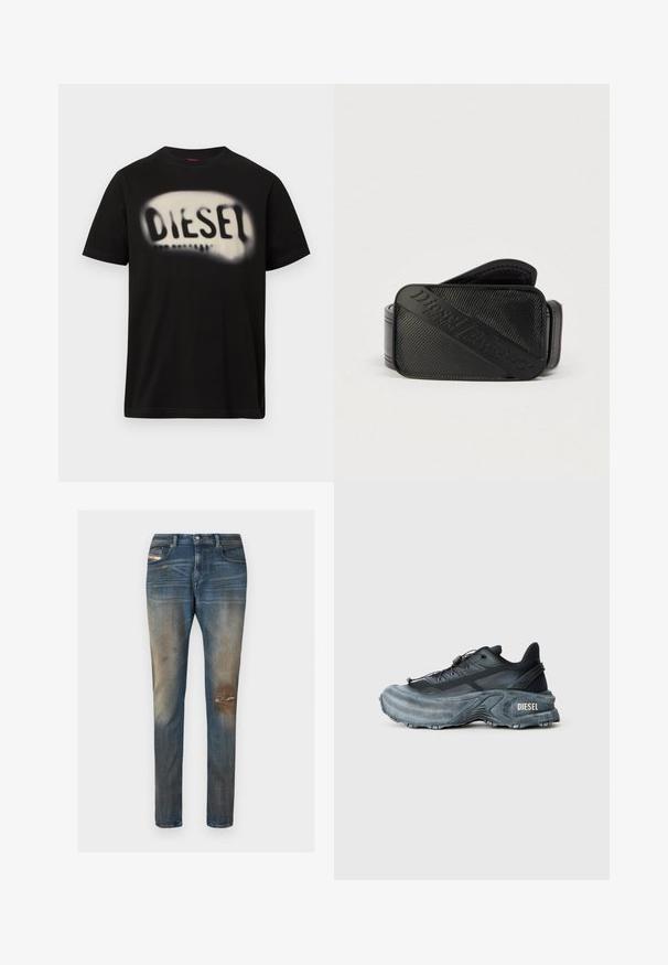 Camiseta negra de algodón con un gran logo blanco difuminado que muestra la palabra "DIESEL" en el frente. Mangas cortas, cuello redondo.; Pantalones vaqueros de mezclilla azul con un corte slim, desvanecido ligero, parches desgastados y un diseño clásico de cinco bolsillos que incluye una pequeña etiqueta con el logo.; Zapatilla Diesel en negro y gris con suela gruesa, cierre de cordón y diseño texturizado sobre un fondo liso de color gris claro.; Cinturón negro con un diseño texturizado y un logotipo en relieve prominente. El material parece suave con un acabado similar al cuero.