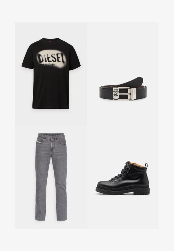 T-shirt en coton noir avec un grand logo blanc flou portant le mot "DIESEL" sur le devant. Manches courtes, col rond.; Jean en denim gris avec une coupe droite, doté d'une fermeture à bouton, cinq poches et une texture subtilement délavée.; Zign by Zalando LEATHER - Bottines à lacets - black; Ceinture en cuir noir avec une boucle en métal argenté portant le texte en relief "DIESEL". Le design est épuré avec une texture lisse.