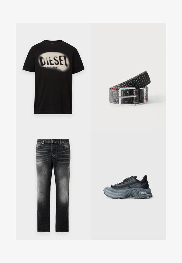 Camiseta negra de algodón con un gran logo blanco difuminado que muestra la palabra "DIESEL" en el frente. Mangas cortas, cuello redondo.; Jeans negros con acabado desgastado y toques rasgados, diseño estándar de cinco bolsillos y cierre con cremallera. Elaborados en tela de denim.; Zapatilla Diesel en negro y gris con suela gruesa, cierre de cordón y diseño texturizado sobre un fondo liso de color gris claro.; Cinturón negro Diesel con gran texto de logo en blanco, hebilla rectangular plateada y detalle de la anilla metálica con marca, enrollado sobre un fondo claro.