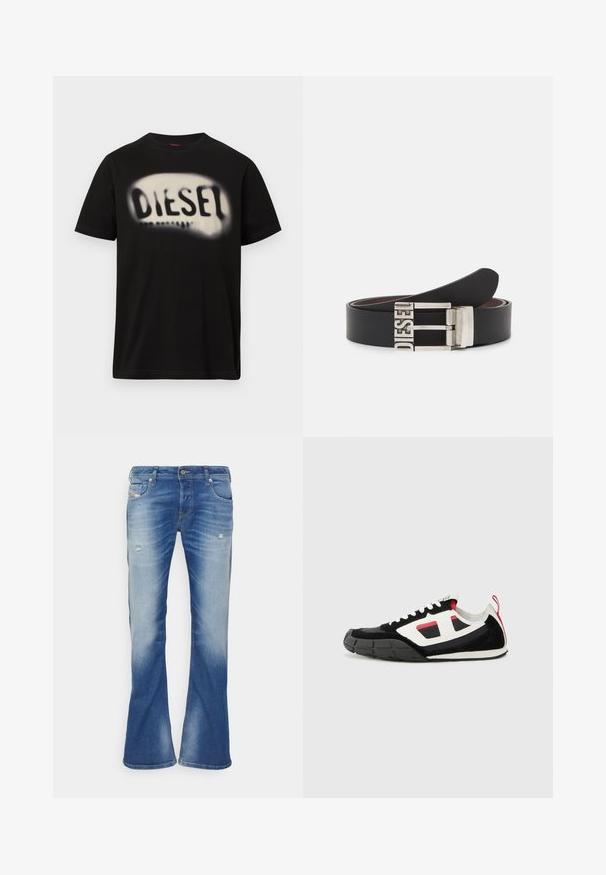 Camiseta negra de algodón con un gran logo blanco difuminado que muestra la palabra "DIESEL" en el frente. Mangas cortas, cuello redondo.; Vaqueros bootcut desgastados en azul con ligero desgarro en los muslos delanteros y diseño clásico de cinco bolsillos sobre fondo blanco.; Diesel S PAGODHA LOW - Zapatillas - black; Cinturón de cuero negro con una hebilla de metal plateada que presenta el texto embossado "DIESEL". El diseño es elegante con una textura suave.