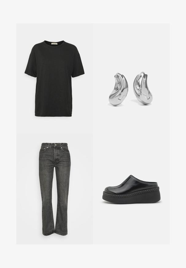 Sort kortærmet T-shirt lavet af letvægtsstof, med rund halsudskæring og en afslappet pasform med en let struktureret overflade.; Sorte højtaljede jeans med lige ben. Har klassisk fem-lomme design og sølvhardware. Teksturert denimstof.; Sorte blanke klodser med platform, rund tå, buet overdelen og kontrasterende hvid sting langs kanten af sålen.; Sølvøreringe med en buet, blank finish og et sømløst design. Har en hængsellukning for sikker bæring.