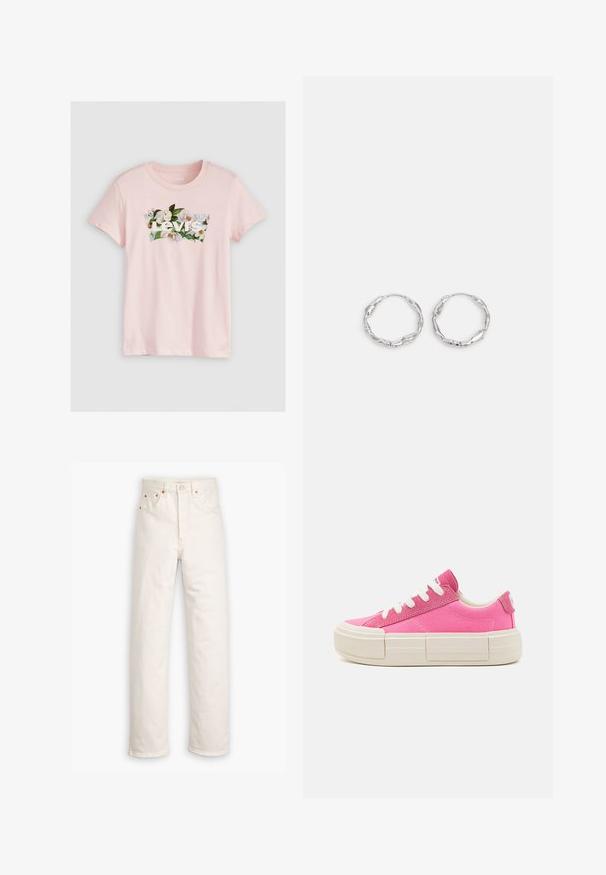 Camiseta de algodón de color rosa claro con un diseño floral y el texto blanco "Levi's" en el pecho, con cuello redondo. Mangas cortas.; Jeans de mezclilla blanca con un diseño de pierna recta, estilo de cinco bolsillos y detalles de hardware en color cobre. Acabado sin dobladillo en los tobillos.; Zapatillas de lona rosas con suelas de goma blanca, cordones planos y un diseño de plataforma ligeramente elevada. Detalles minimalistas en los laterales.; Pendientes de aro plateados con textura ondulada e irregular. Presentan una forma circular delgada y un acabado reflectante.
