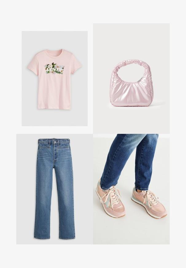 T-shirt en coton rose pâle avec un motif floral et le texte blanc "Levi's" sur la poitrine, col rond. Manches courtes.; Jeans droit bleu clair en denim. Comprend une fermeture à bouton, cinq poches et un léger délavage. Pas d'ornements ni de motifs.; Baskets roses en matières suédé et cuir, avec des accents bleu clair, bout arrondi et semelles en caoutchouc blanches. Les lacets sont beige.; Sac à main rose rembourré avec un design arrondi, fabriqué à partir d'un matériau brillant. Dispose d'une poignée froncée et d'une fermeture éclair pour un accès sécurisé.