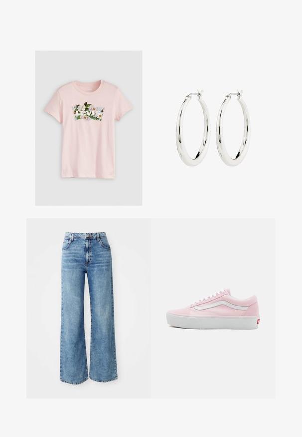 Lichtroze katoenen T-shirt met een bloemmotief en de witte tekst "Levi's" op de borst, en een ronde halslijn. Korte mouwen.; Lichtblauwe denim wijde broek met een hoge taille, voorzien van vijf zakken, sluiting met bovenste knop en contrasterende stiksels langs de naden.; Roze canvas sneakers met witte accenten, platte veters en een witte rubberen zool. Heeft een klassiek laag ontwerp en zijlogo.; Zilveren oorbellen in de vorm van een gladde, glanzende ring. Circulaire vorm, voorzien van een veilige sluiting. Eenvoudig en elegant ontwerp.