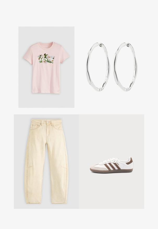 Lyserød bomulds T-shirt med blomsterdesign og hvid tekst "Levi's" på brystet samt rund halsudskæring. Korte ærmer.; Beige denim jeans med en afslappet pasform, der har høj talje, fem lommer og diskret fading. Uferdige detaljer ved anklerne.; Hvid Adidas Samba sneaker med brune ruskindstriber, brun gummisål og beige ruskindståhætte, vist fra ydersiden på en ensfarvet baggrund.; Par polerede sølv snoede ovale hoopøreringe med hængslede låse, vist mod hvid baggrund.