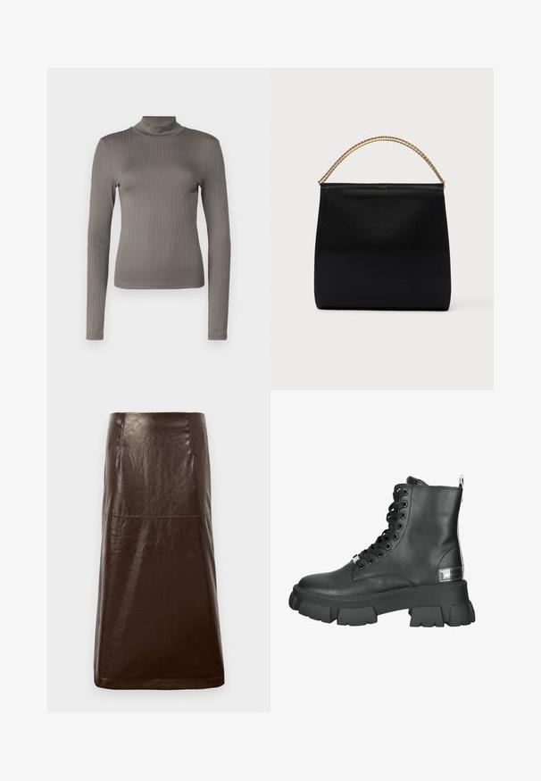 Hargray ribbattu rutarengista paita, jossa on pitkä hihainen turtleneck-malli ja pehmeä rakenne. Ominaisuuksiin kuuluvat korkea kaula-aukko ja kapea siluetti.; Ruskea nahkahame, jossa on sileä pinta, suora siluetti ja hienovarainen kiilto. Hameessa on polvipituinen leikkaus ja minimaalinen ompelu.; Mustat nahka nilkkurit, joissa on paksu platform-pohja, pyöreä kärki sekä etupuolella nauhakiinnitys metallisilla rei'illä ja takana vetonauha.; Musta laukku, joka on valmistettu sileästä kankaasta, ja siinä on jämäkkä muoto, kultainen ketjukahva sekä minimalistinen geometrinen muotoilu.