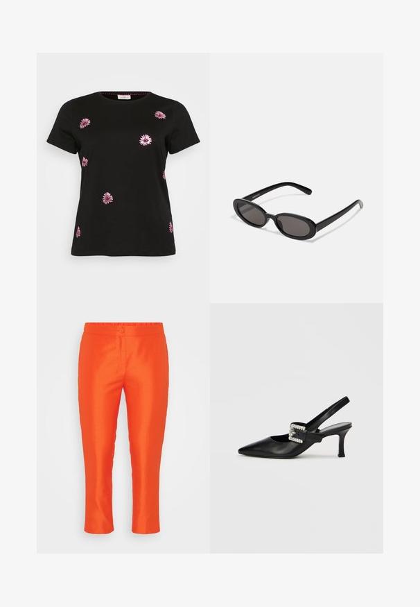 Schwarzes Baumwoll-T-Shirt mit rosa floralen Stickereien in verstreuten Designs. Rundhalsausschnitt und kurze Ärmel. Weicher Stoff, lässige Passform.; Helle orange, schmal geschnittene Hose mit elastischem Bund, einem Knopfverschluss und glatter Textur. Keine sichtbaren Taschen.; Schwarzer Slingback-Schuh aus Leder mit spitz zulaufender Zehenpartie, kleinem Absatz und Schnallenakzent mit Strasssteinen. Glatte Textur, minimalistisches Design.; Even&Odd Sonnenbrille - black