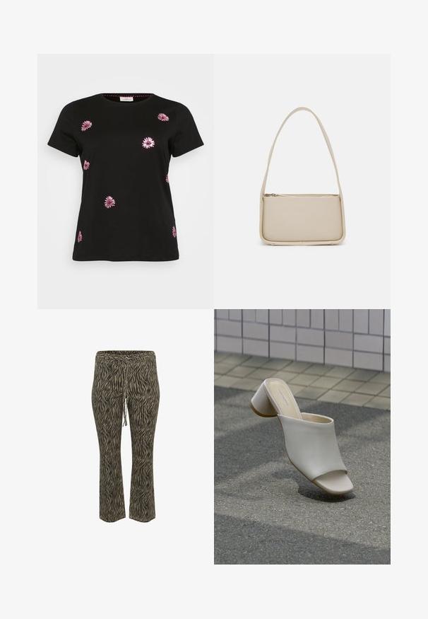 Zwarte katoenen t-shirt met roze bloemenborduurwerk in verspreide ontwerpen. Ronde hals en korte mouwen. Zachte textuur, casual pasvorm.; Elastische tailleband broek met trekkoord in khaki en beige zebra patroon. Middelhoge taille, uitlopende pijpen, zachte textuur. Geschikt voor casual wear.; Enkele witte open teen mule met blokhak op geplaveide grond nabij betegelde muur, schuin geplaatst om zij- en bovenaanzichten te tonen.; Even&Odd by Zalando Handtas - off white