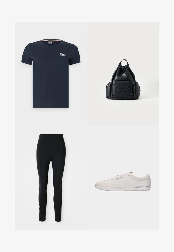 Camiseta de algodón de color azul marino con mangas cortas, cuello redondo y logo EA7 en blanco en el pecho. Cuenta con un ribete texturizado en el escote.; Leggings negros hechos de tela elástica, con una cintura alta y un pequeño logotipo impreso en una pierna. Textura suave, diseño ajustado.; Zapatilla de perfil bajo blanca y beige con cordones, detalles en cuero liso y ante, con un pequeño logo de Michael Kors en el lateral.; Mochila negra de cuero con cordón, con bolsillos delanteros y laterales con cremallera, con el logo "EA7 Emporio Armani" en relieve en el bolsillo delantero.