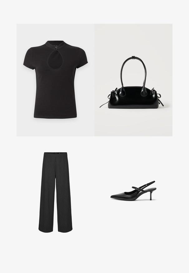 Chemise noire à manches courtes avec col mandarin et découpes avant en forme de goutte d'eau sécurisée par une petite boutonnière.; Pantalons larges noirs à rayures verticales blanches, présentant une coupe ajustée et une texture lisse. Pas de poches ni de matériel visible.; Talons aiguilles noires en cuir avec un bout pointu, une fine bride réglable, et un talon aiguille d'environ 5 cm, texture lisse.; Petit sac à main noir brillant avec deux longues anses et des détails à cordon sur les côtés sur un fond clair uni.