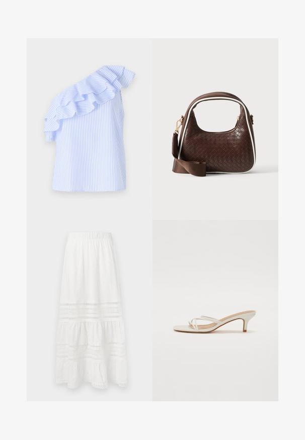 Eén-schouder blouse in lichtblauw en witte strepen, met een rimpelaccent langs de schouder. Gemaakt van een lichtgewicht stof.; Witte katoenen maxi rok met oogjesstof, gelaagde ontwerp, elastische tailleband en kantaccenten langs de zoom en panelen.; Witte blokhak sandalen hebben dunne banden en een vierkante teenontwerp. De hak is ongeveer van gemiddelde hoogte en heeft een gladde afwerking.; Bruine geweven leren handtas met witte bies, gouden ritssluiting en afneembare bruine stoffen schouderriem.
