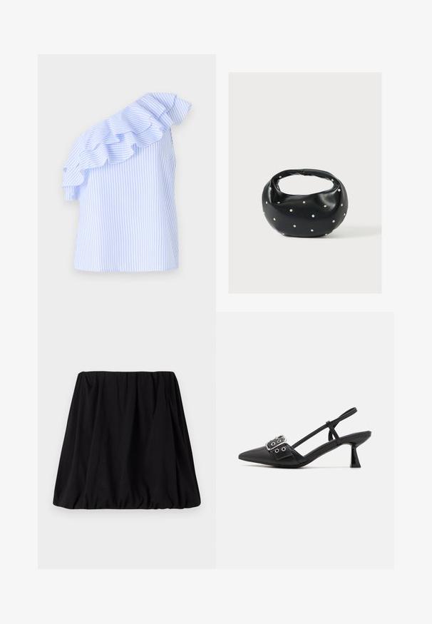 Blusa de un solo hombro en azul claro y blanco a rayas, con un detalle de volantes a lo largo del hombro. Hecha de una tela ligera.; Falda negra, acampanada, hecha de una tela suave, con una cinturilla elástica y una silueta voluminosa. Sin patrones ni adornos visibles.; Simmi London DALA - Tacones - black; Bolso de mano de cuero negro con forma redondeada, decorado con detalles de tachuelas plateadas y un asa corta. Textura lisa y cierre con cremallera.